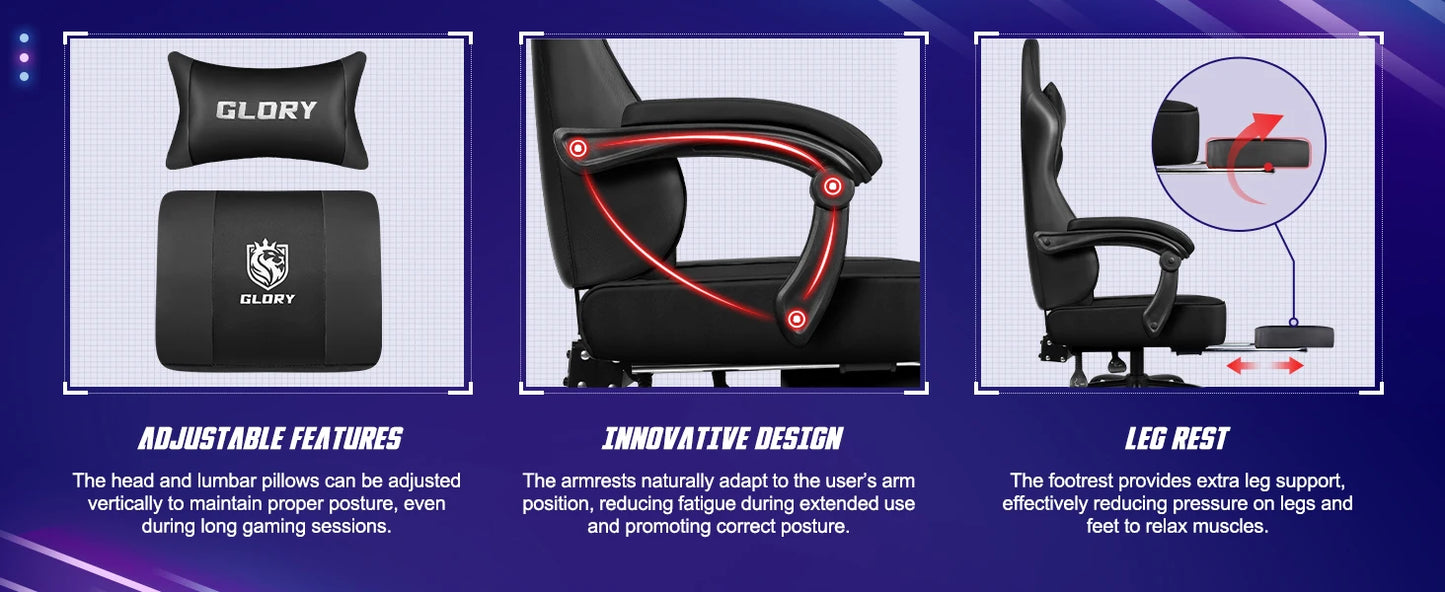 AUTHMIC Ergonomischer Gaming-Stuhl mit Fußstütze und Lordosenstütze, verstellbarer Bürostuhl aus PU-Leder, für Heimbüro und Gamer