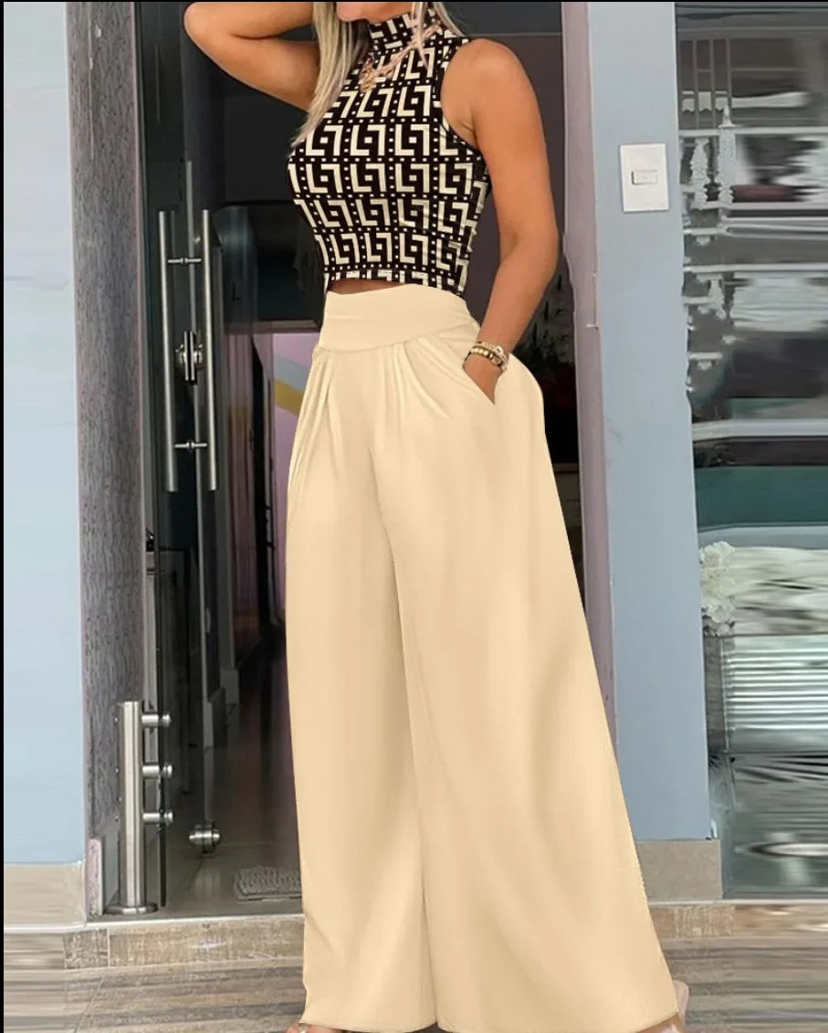 Women Two Piece Pant Sets Sleeveless Turtleneck Tops Pockets Wide Leg Pants High Waist Trousers Suit Elegant Office Ladies.