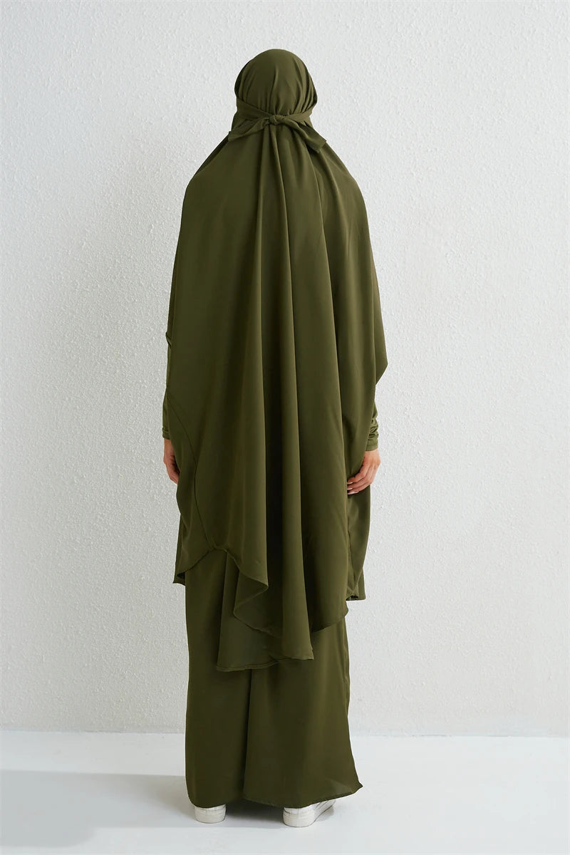 Muslim Sets Two Pieces Prayer Clothing Long Hooded Smocking Sleeve Shirts Hijab Loose Maxi Skirts Elastic Waist Women Abaya Sets.