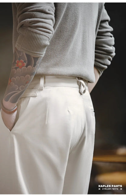 Maden Vintage Gentleman Naples Pants Korea Fashion Casual  Paris Button Straight Wide Trousers 100% Cotton Solid Work Suit Pants