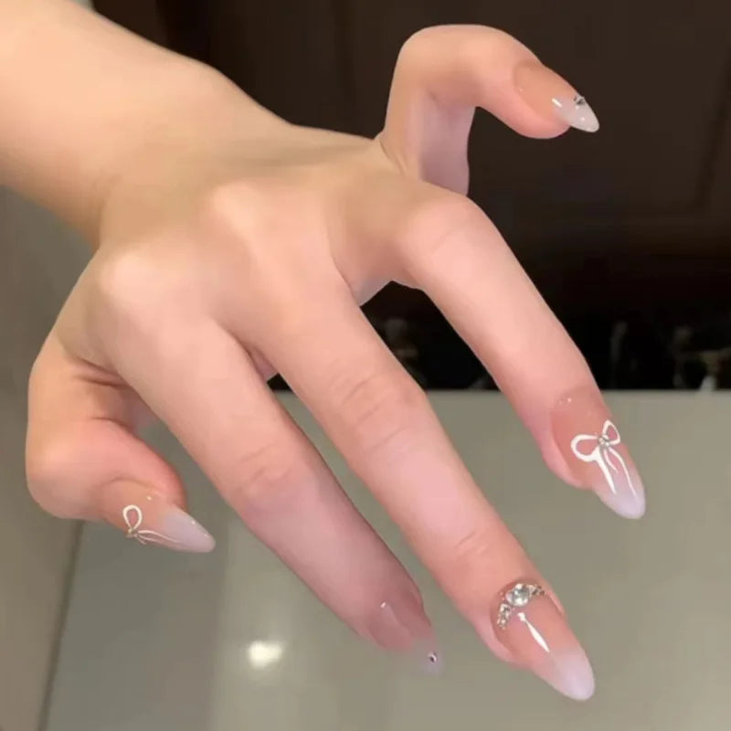 White French Style Fake Nails Gentle Pink Press on Nails 3D Bowknot Design Almond Charm Manicure Korean Fashion False Nail 24Pcs.