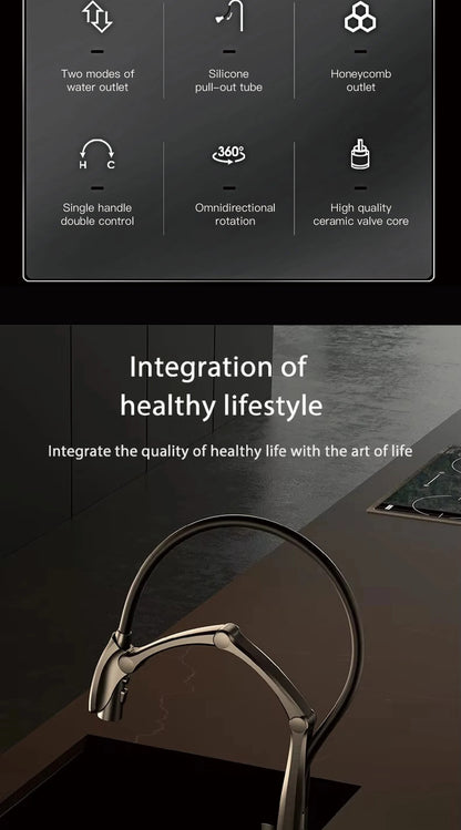 AITANA Gun Grey Luxury Brass LED Display Kitchen Faucet，Touchless Sensor，Pull-Out 3-Function Spray Water-Saving SinK Mixer