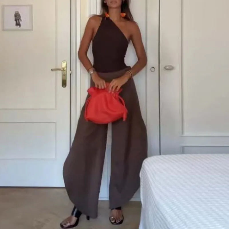Sexy One Shoulder Backless Hollow Out Top+Wide Leg Pants Suit Woman Solid 2 Piece Sets Summer Sleeveless Streetwear Outfit Mujer.