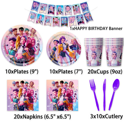 Kpop Demon Hunter Geburtstag Party Dekoration Geschirr Thema für Mädchen Event liefert Kuchen Topper Candy Box Teller Tassen Servietten