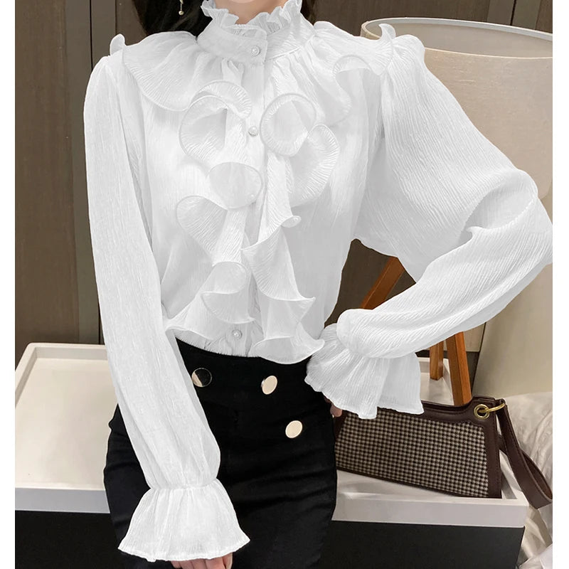 Autumn Vintage Ruffles Clothes Lace Blouse Women Spring Stand Collar White Chiffon Shirt Long Puff Sleeve Loose Tops Elegant.