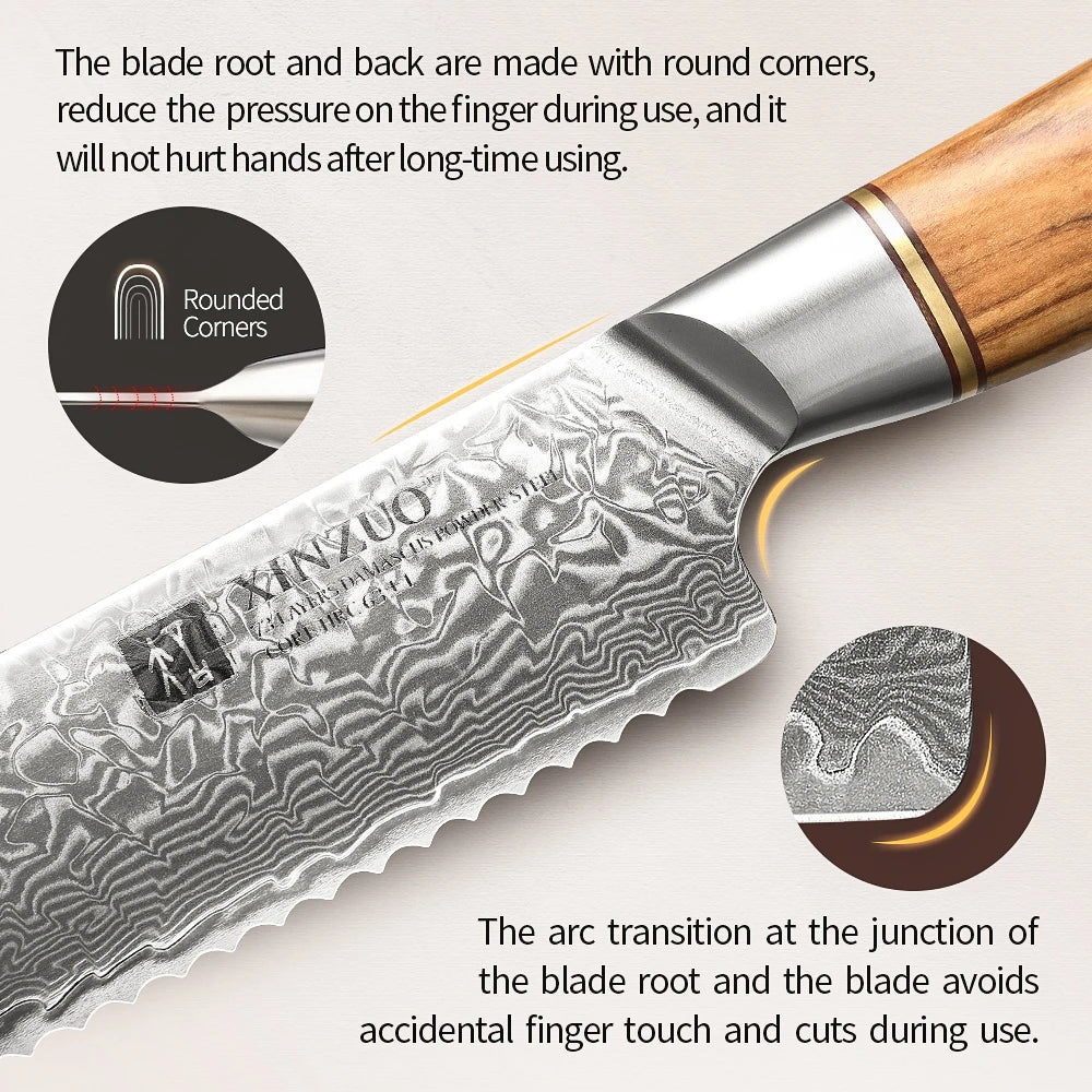 XINZUO 1-8pcs Kitchen Knife Set 73 Layers Custom Damascus Steel 15°±1 Per Side Steel Blade with Olive Wood Handle.