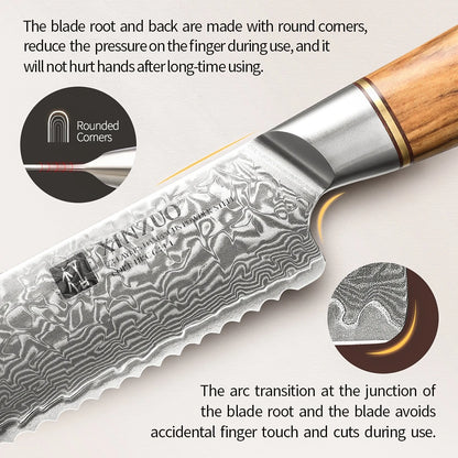 XINZUO 1-8pcs Kitchen Knife Set 73 Layers Custom Damascus Steel 15°±1 Per Side Steel Blade with Olive Wood Handle.