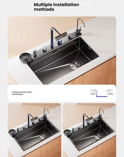 Intelligent Waterfall Stainless Steel Kitchen Sink MultiFunctional Digital Display Porous Large Single Slot Wash Dish Basin