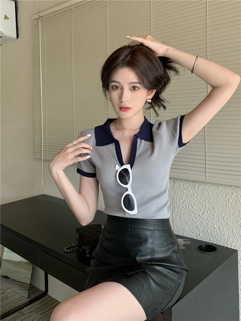 Jielur Spell Color Polo Knitting Women's Blouses Slim Sexy Short Sleeve Summer New Casual Female Blouse Chic Simple Office Lady