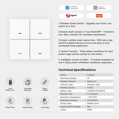 MOES ZigBee Szenenschalter, 4-fach, kabellos, 12 Drucktasten, Tuya-Controller, Automatisierungsszenario, batteriebetrieben, funktioniert mit Smart Life