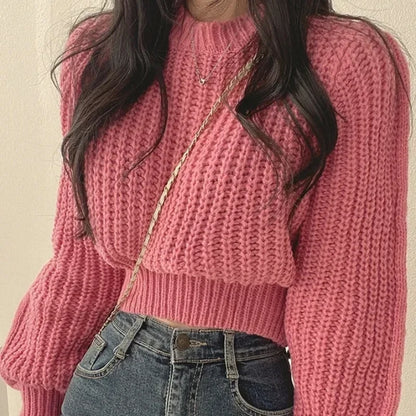 Lose Vintage Harajuku Laterne Langarm Frauen Pullover Koreanische Herbst Winter Strickwaren Weiche Warme Tops Chic Solide Femme Pullover