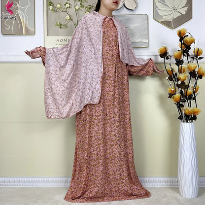 2025 New Muslim Abayas For Women Ramadan Prayer Garment Dubai Middle East Femme Robe Cotton Loose African Dress Turban Attached