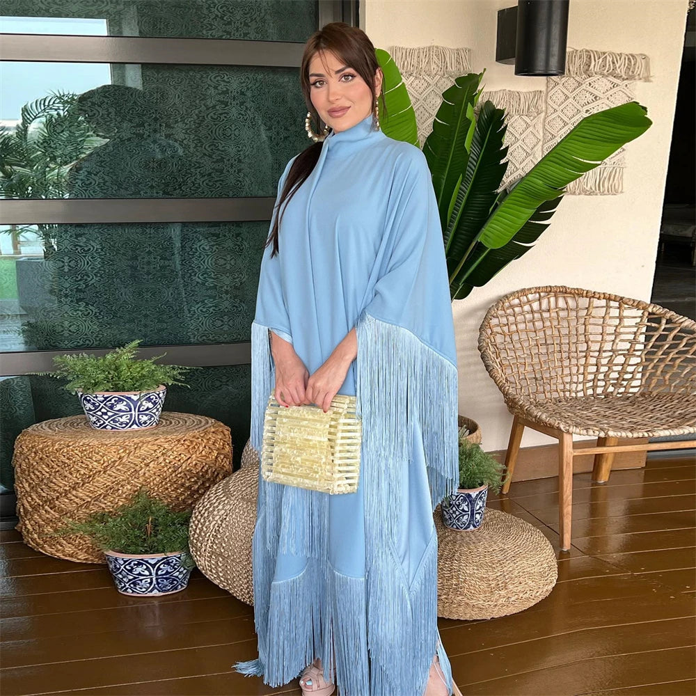 Eid Satin Luxury Green White Black Pink Khimar Tassel Butterfly Batwing Abaya For Women Islam Muslim Maxi Dress Kaftan Kebaya.