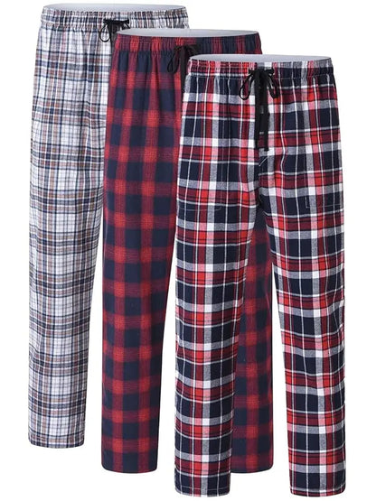3Pcs Men's 100% Cotton Plaid Pajama Sleeping Pants, Long Plaid Print Sleepwear Pajama Pants with Elastic Waist Homewear
