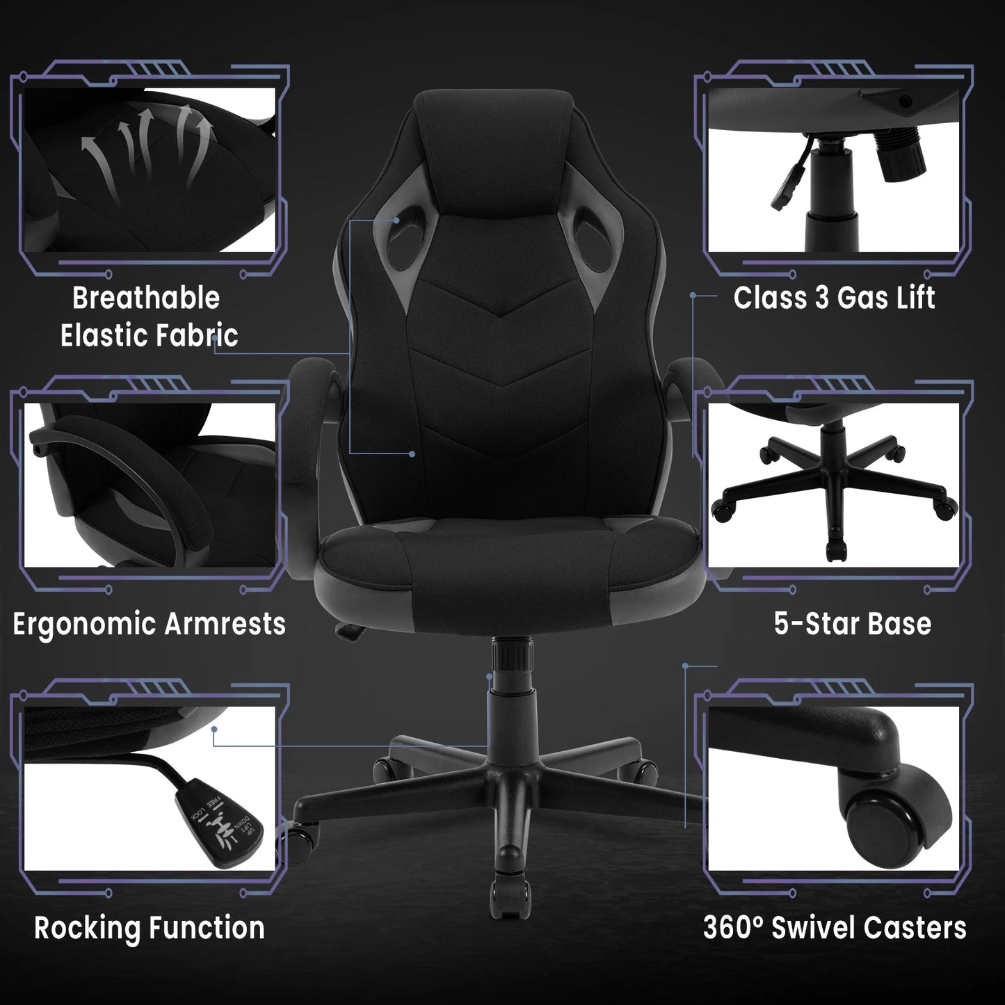 Ergonomisches Design, Gaming-Stuhl, Gamer-Sessel, Büro-Computerstuhl, Neigungsmechanismus, höhenverstellbar, 360° °   Drehbare hohe Rückenlehne