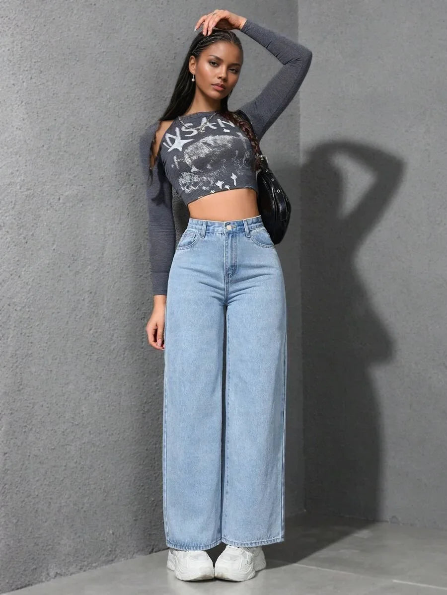 American Style High Waist Wide Leg Jeans Women's Spring New Loose Slim Straight Floor-Length Denim Pants