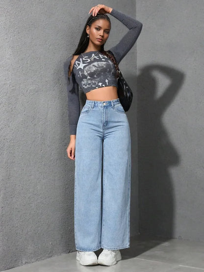 American Style High Waist Wide Leg Jeans Women's Spring New Loose Slim Straight Floor-Length Denim Pants