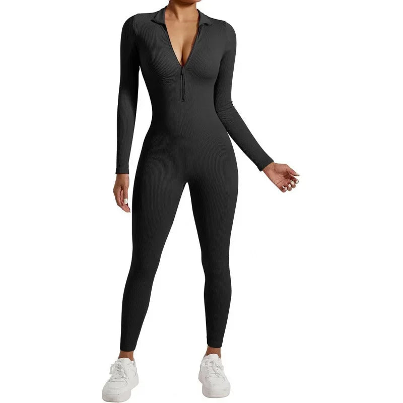 Seamless Long Sleeve Yoga Suit Waist-Fitted Shaping Trousers Casual Sports One-Piece Zippered Fitness Wear.