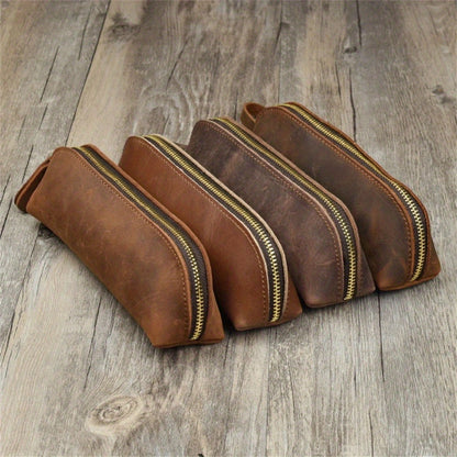 Vintage Leather Pencil Bag Simple Stationery Hoder Pen Case Storage Bag Zipper Pencil Pouch Glasses Box School Supplies.