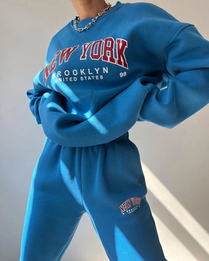 Warm Suit Autumn Winter Women Solid Set Elegant O-neck Pullover Hoodie And Pocket Trousers Two-Piece Set Lady Casual Loose Sets