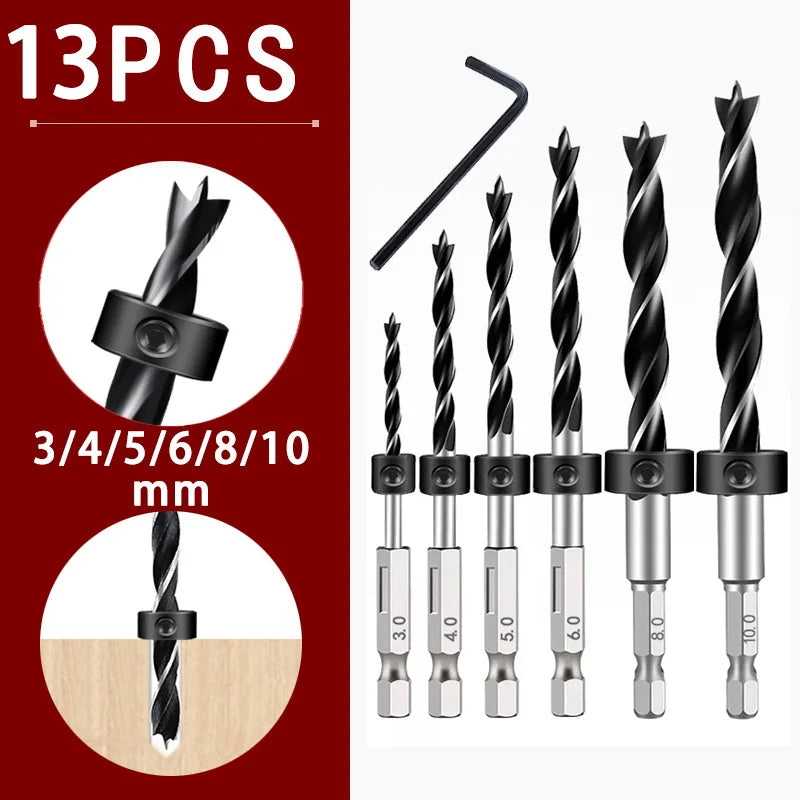 1/4 Sechskantgriff Dreizackiger Holzbearbeitungsbohrer und Tiefenanschlag-Positionierer Ring-Set Holzbearbeitungsloch Reiben Elektrowerkzeug