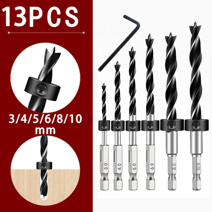 1/4 Sechskantgriff Dreizackiger Holzbearbeitungsbohrer und Tiefenanschlag-Positionierer Ring-Set Holzbearbeitungsloch Reiben Elektrowerkzeug