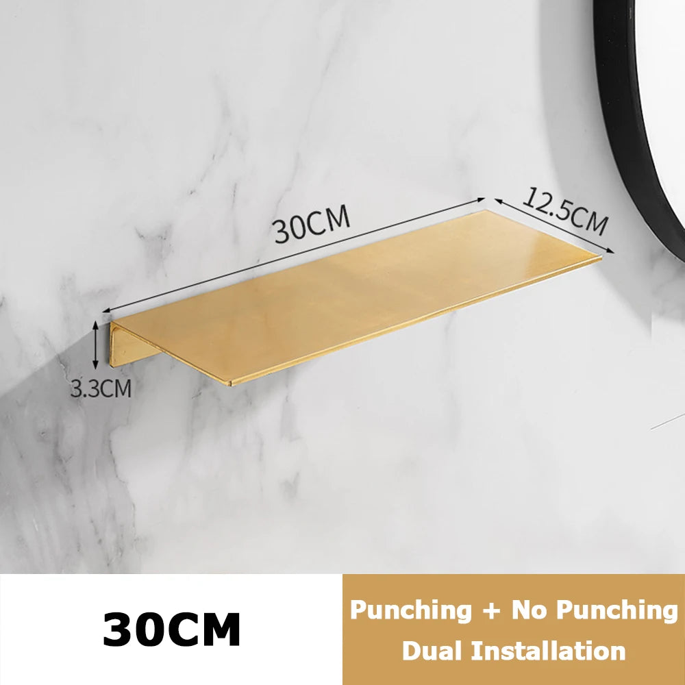 20/30/40/50CM Gebürstet Gold Wand Regal Badezimmer Lagerung Rack Küche Wand Regal Badezimmer Dusche Regale Hause Zubehör