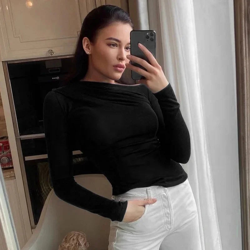 Langarm Top Weiße T-Shirts Frauen Basic Crop Top Herbst Pullover Solide Skew Neck T Shirt Streetwear Basic Schwarz Y2K Tees