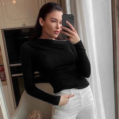 Langarm Top Weiße T-Shirts Frauen Basic Crop Top Herbst Pullover Solide Skew Neck T Shirt Streetwear Basic Schwarz Y2K Tees