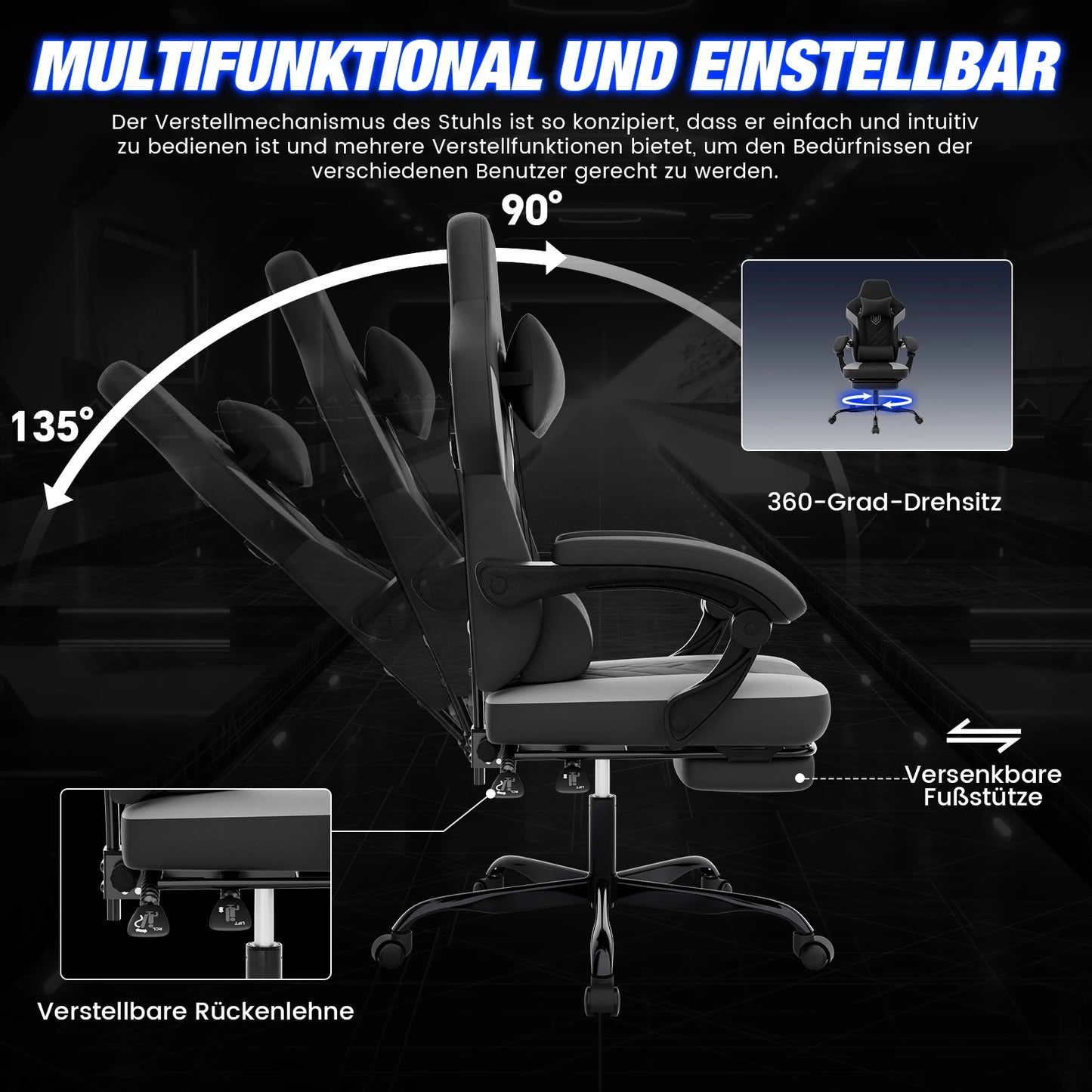 WOTSTA Gaming-Stuhl, ergonomischer Bürostuhl, Renncomputerstuhl, höhenverstellbarer Computerstuhl mit Kopfstütze