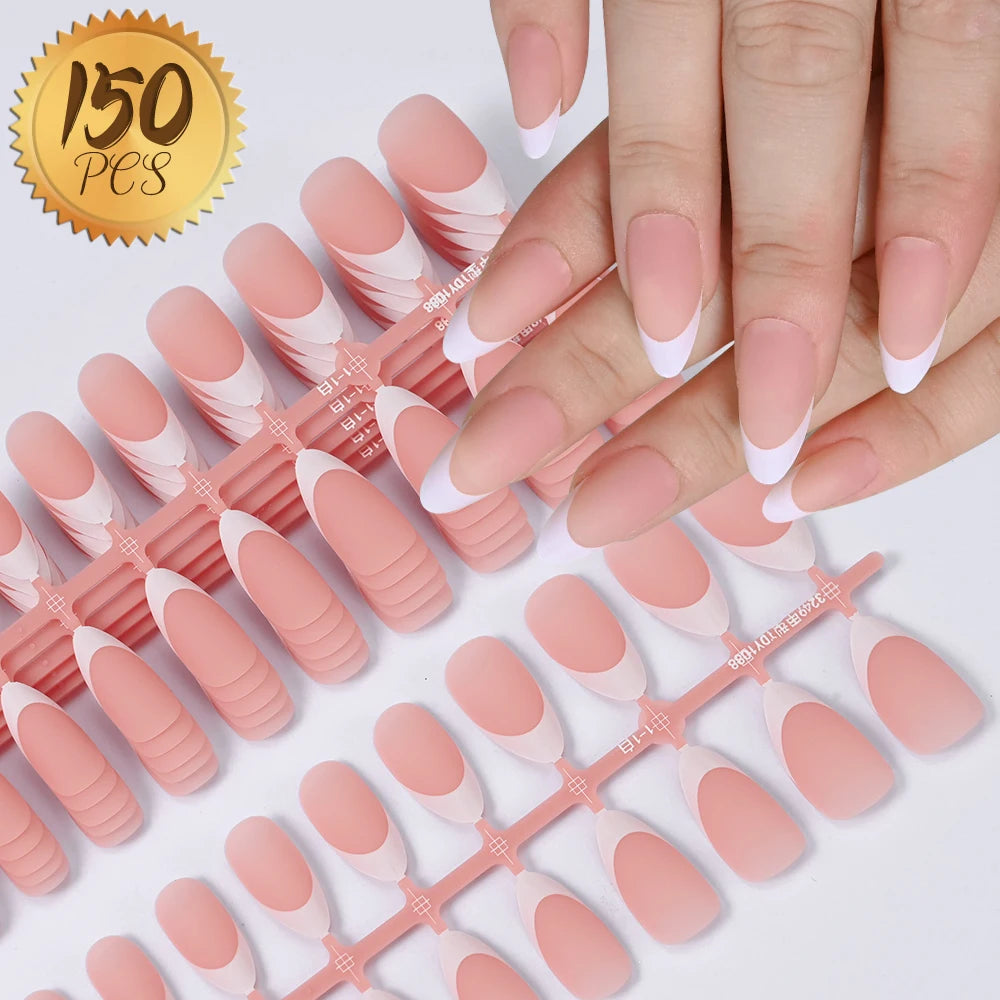 150Pcs Pre-made French False Nails Scarless Coffin Almond Fake Nail Artificial Fingernails Press on Nails for Nail Extension.