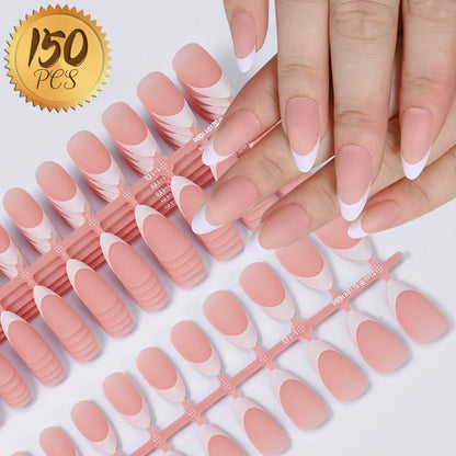 150Pcs Pre-made French False Nails Scarless Coffin Almond Fake Nail Artificial Fingernails Press on Nails for Nail Extension.