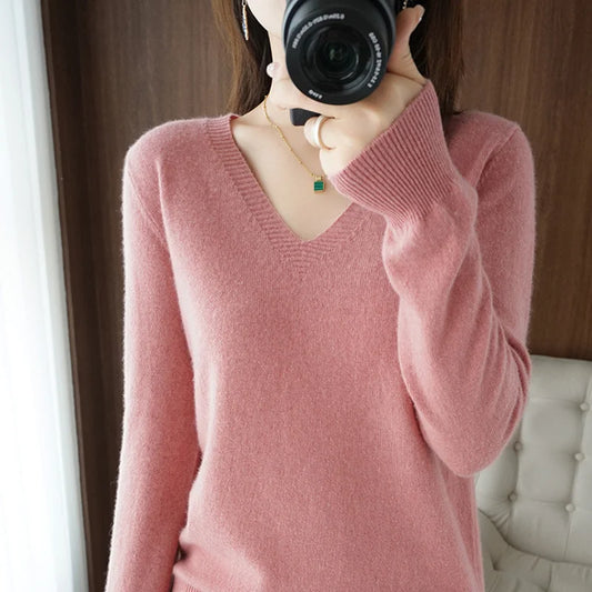 Neue Kaschmir frauen V-ausschnitt Pullover Spitze Neck Aushöhlen Design Beiläufige Gestrickte Lange Hülse frauen Pullover Herbst Und winter