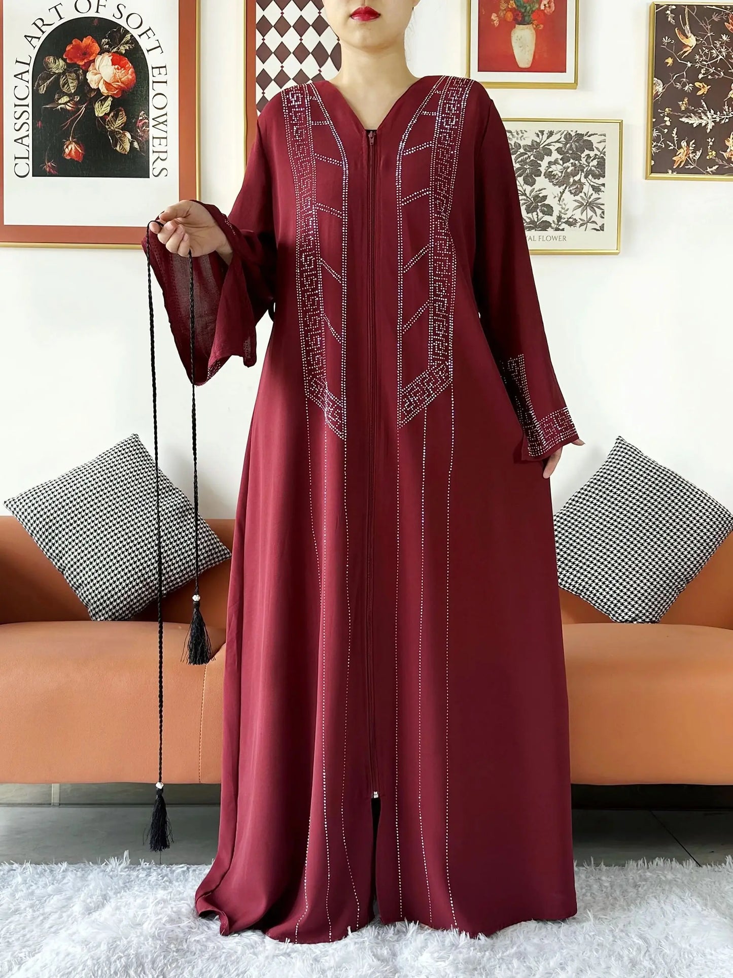 New Women Elegant Dress Chiffon Open Abaya with Zipper Muslim Women Dress Islamic Clothing Cardigan Abaya Women Muslim Dress.