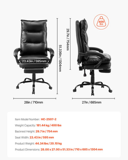 VEVOR Chefsessel Bürostuhl Drehstuhl mit hoher Rückenlehne & Fußstütze & Lendenkissen, ergonomischer Schreibtischstuhl mit 135° Neigung und einstellbarer Höhe, für Arbeit Arbeitszimmer Spielen