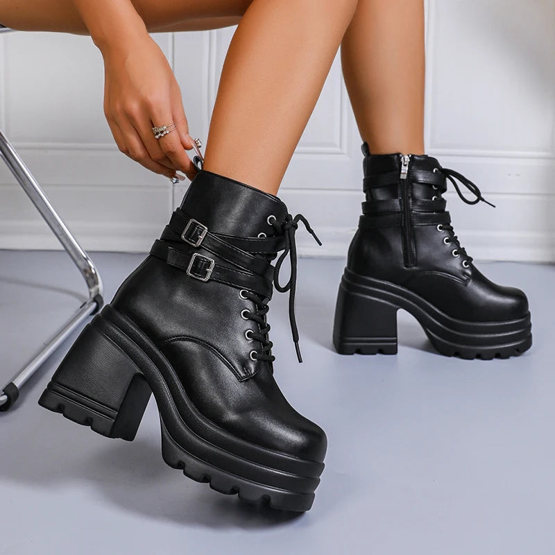 Fashion Buckle Cunky Platform Ankle Boots Women Lace Up Super High Heel Punk Boots Woman Pu Leather Thick Heels Motorcycle Botas.