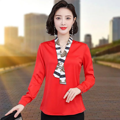 Women's fashionable streamer tops fashionable and elegant small fragrance style covering the belly satin shirt
