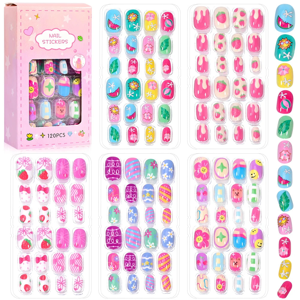 120pcs/box Pink Cartoon Children Press On Nails Candy Color Unicorn Cat Bunny Kids Full Cover False Nail Girls Party Nail Decora.