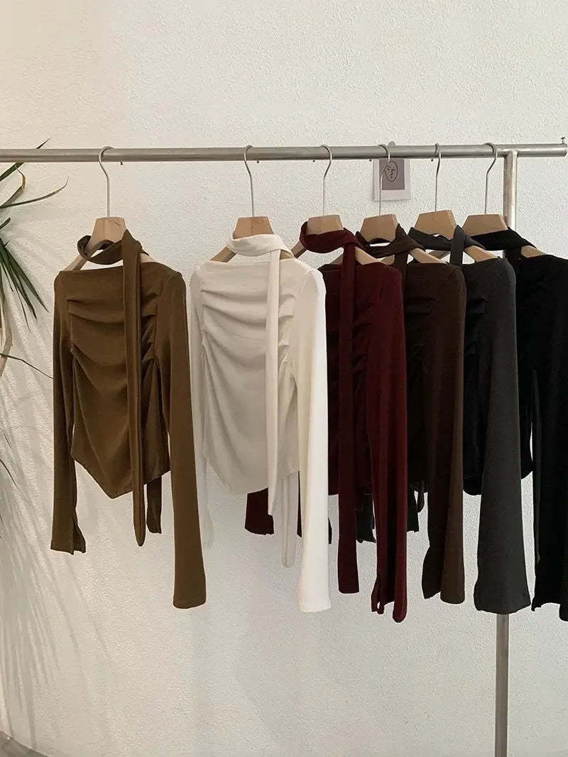 Elegant Long Sleeve Neck Hanging Sash Slim Fit T-Shirt Women's Red Black Other Pure Color Pleated Chic One Shoulder Top.