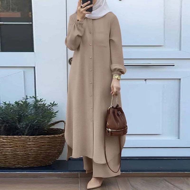 Mandylandy Muslim Robe Long Shirts Women Islamic Clothing Arabian 2 Piece Set Outfits Long-sleeve Shirt and Trousers Sets.
