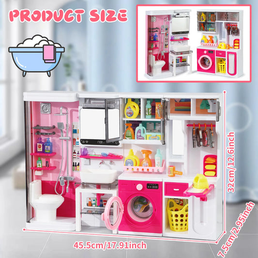 Pink Bathroom Playset with Shower, Vanity, Laundry Cabinet, and Ironing Board, Christmas/Thanksgiving/New Year Gift.