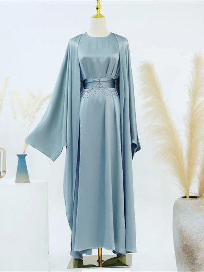 Ramadan Muslim Women 2 Piece Set with Chain Party Dresses Abaya Eid Jalabiya Sashes Diamond Morocco Dubai Kaftan Cardigan Robe.