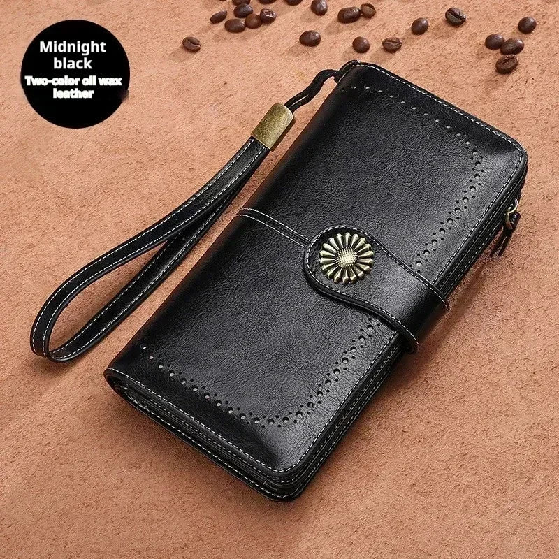 Vintage Large Capacity Women's Purse, Oil wax skin, Multi-card, Long Wallet, Multi-function Zipper Strap, Wrist Strap, New