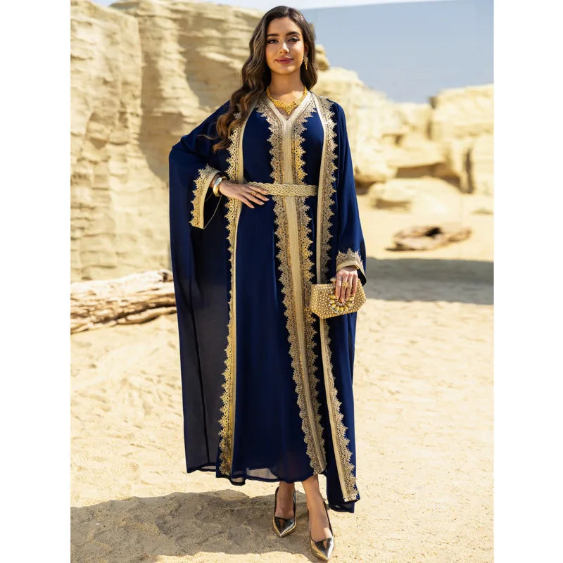 2PCS Muslimische Frauen Luxus Kimono Strickjacke Innere Kleid Set Dubai Abaya Kaftan Marokko Abend Party Kleid Djellaba Eid Jalabiya Neue.