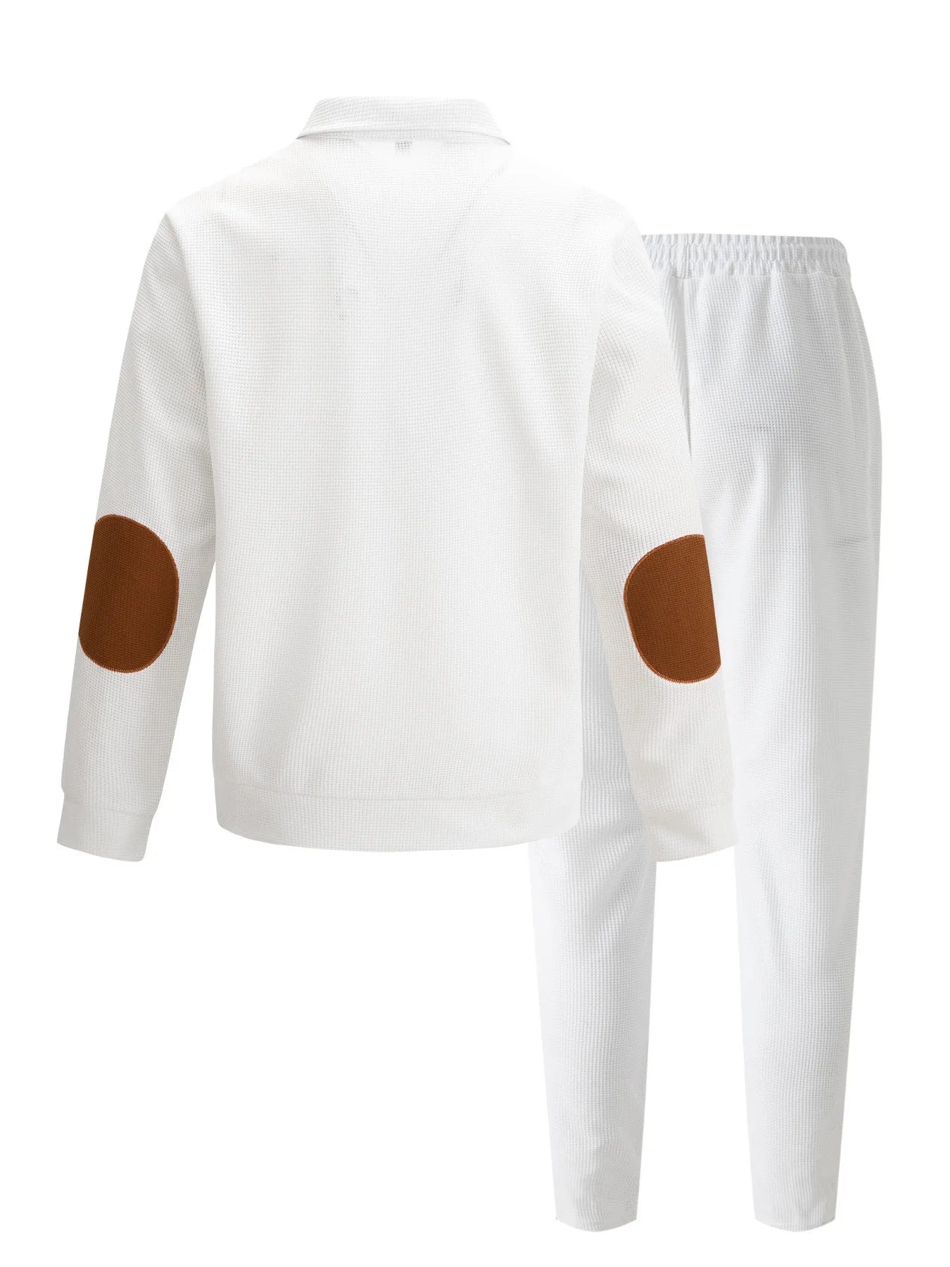 Men's new autumn style American stand-up collar button elbow patch color-block long-sleeve hoodie and pants set.