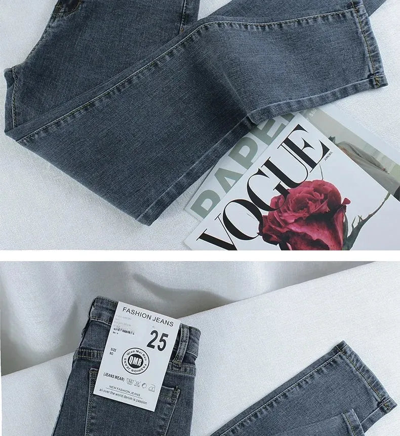 Black Grey Jeans Women's Spring Autumn Winter High-Waisted Petite Stretchy Tight Small Footed Pants Slimming Pencil Leggings.