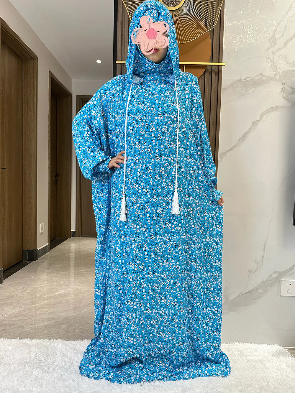 New Ramadan Muslim Two Hats Abaya Dubai Turkey Islam Prayer Clothes Floral Cotton Long Dress Islam Women Dress Kaftan