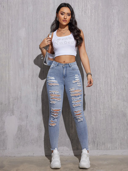 2025, Frühlings-Röhrenjeans mit hoher Taille für Damen – Stretch-zerrissene hellblaue Denim-Hose, knöchellange Slim-Fit-Freizeithose XS-XXL
