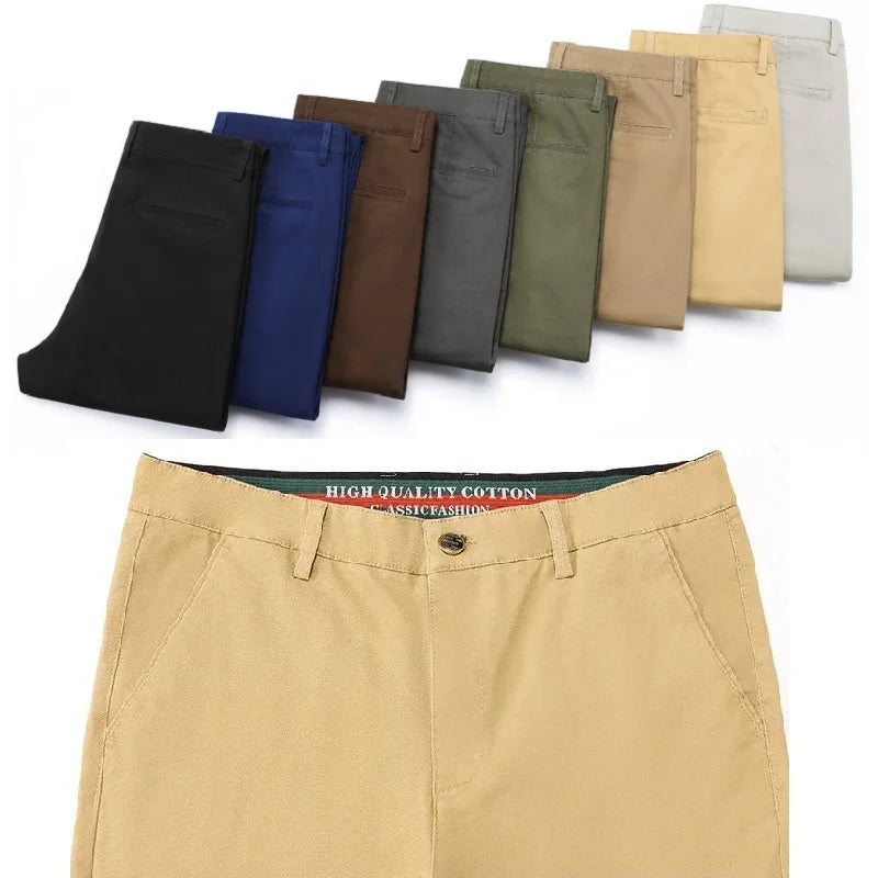 Cotton Men's Casual Pants Straight Stretch Trouser Male Fashion Slim Business Dress Golf Office Spring Autumn Khaki Black Formal.