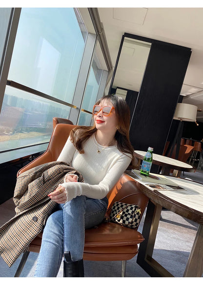 2025Oansatz Rippen Langarm Koreanische Dünne Weibliche Pullover Frauen Pullover Stricken Weiche Jumper Tops Geraffte Herbst Winter Tops